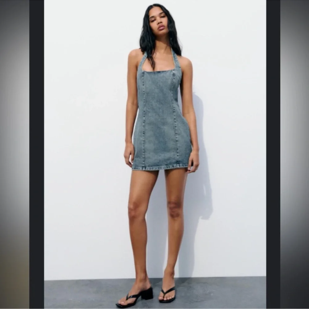 Zara Light Blue Denim Halter Mini Dress - Picture 2 of 2